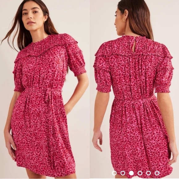 NWT Boden Yoke Ruffle Detail Puff Mocked Sleeve Jersey Mini Pink Dress Size 8 - Picture 2 of 13